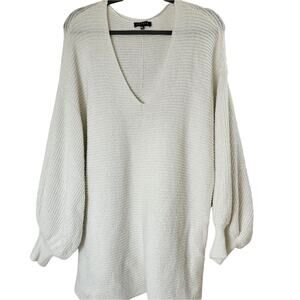 Womens Sz XL Neutral Feminine Poof Sleeve V-Neckline Ribbed Sweater